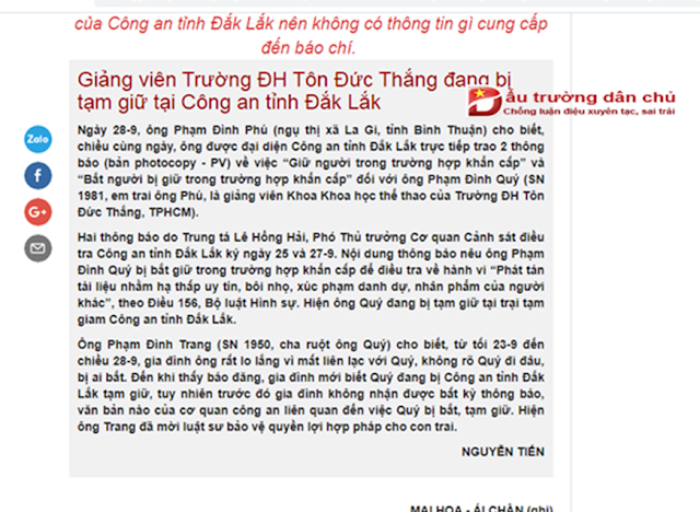 Lu loa sai sự thật và giấu nhẹm những thông báo của cơ quan điều tra Công an tỉnh Đắk Lắk về nghi can võ sư Phạm Đình Quý Lu loa sai sự thật và giấu nhẹm những thông báo của cơ quan điều tra Công an tỉnh Đắk Lắk về nghi can võ sư Phạm Đình Quý