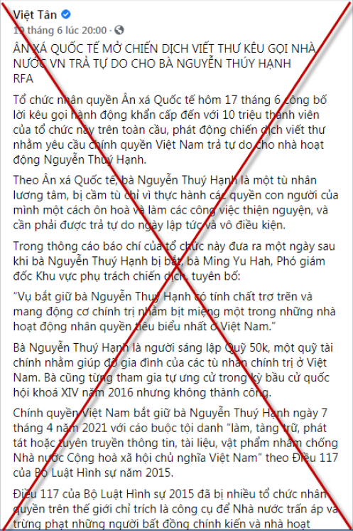 Việc Tổ chức Ân xá Quốc tế mở chiến dịch viết thư kêu gọi thả tự do cho Nguyễn Thúy Hạnh liệu có thành công?