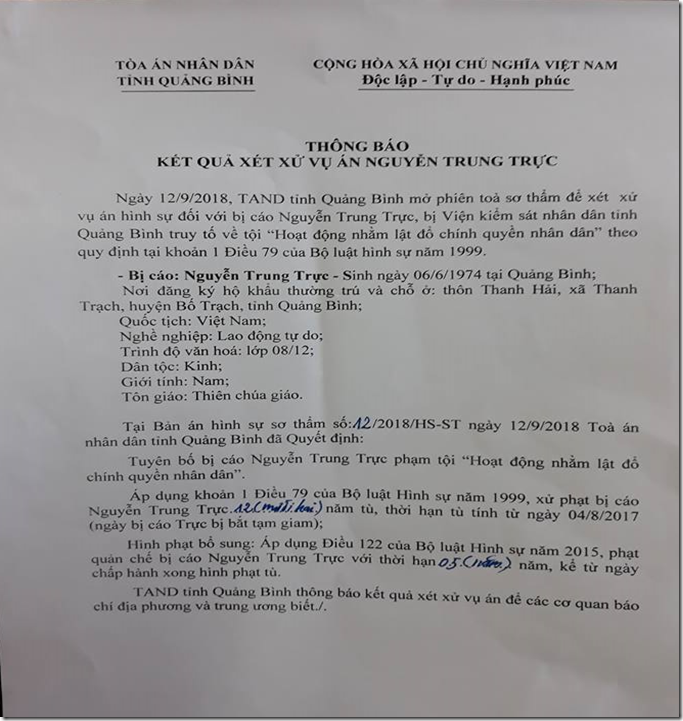 Quảng Bình: Xử phạt Nguyễn Trung Trực 12 năm tù