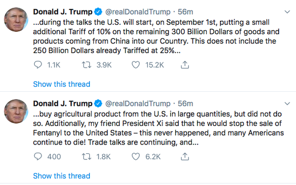 Tổng thống Trump bất ngờ tuyên bố áp thuế 300 tỉ USD hàng Trung Quốc Tổng thống Trump bất ngờ tuyên bố áp thuế 300 tỉ USD hàng Trung Quốc