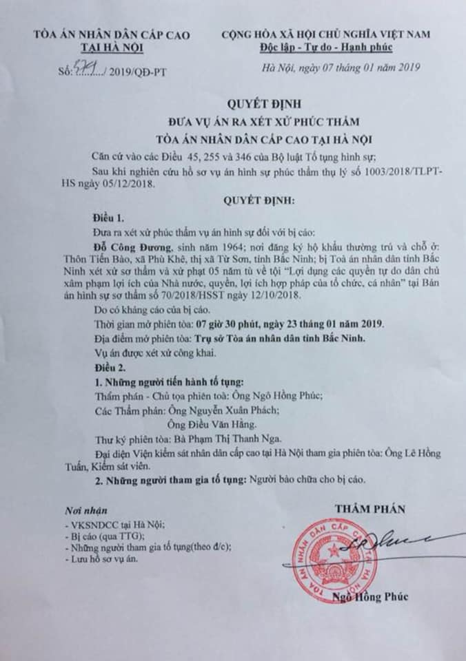Xét xử phúc thẩm đối tượng Đỗ Văn Đương về hành vi bôi nhọ Đảng, Nhà nước trên mạng xã hội Xét xử phúc thẩm đối tượng Đỗ Văn Đương về hành vi bôi nhọ Đảng, Nhà nước trên mạng xã hội