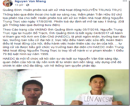 Quảng Bình: Hoãn phiên toà xét xử Nguyễn Trung Trực Quảng Bình: Hoãn phiên toà xét xử Nguyễn Trung Trực