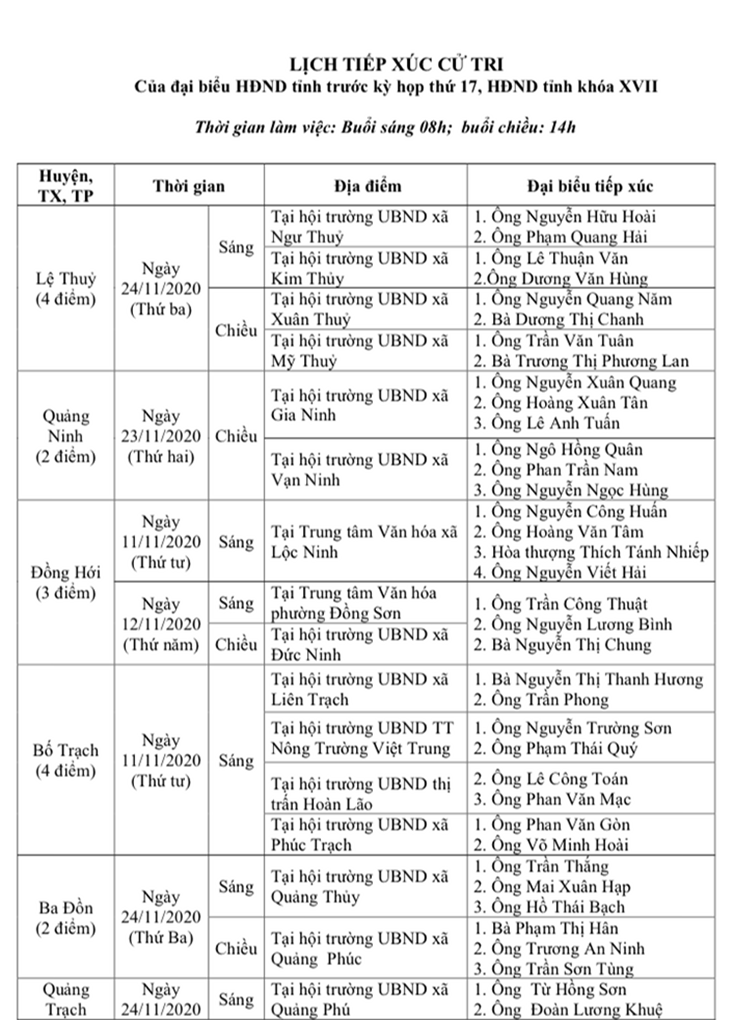 Lịch tiếp xúc cử tri của đại biểu HĐND tỉnh trước kỳ họp thứ 17, HĐND tỉnh khóa XVII