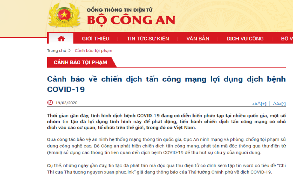 Cảnh báo về chiến dịch tấn công mạng lợi dụng dịch bệnh COVID-19