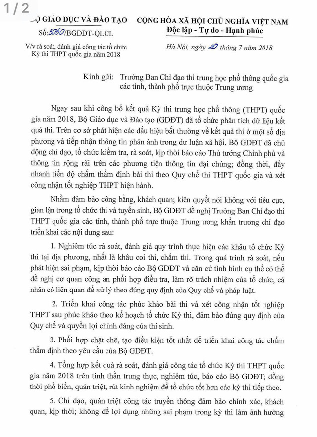 Bộ GD-ĐT đã yêu cầu rà soát lại về kì thi quốc gia trong toàn quốc