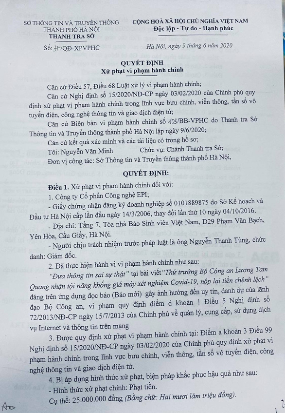 Bị phạt 25 triệu đồng vì đưa tin sai về thứ trưởng Bộ Công an