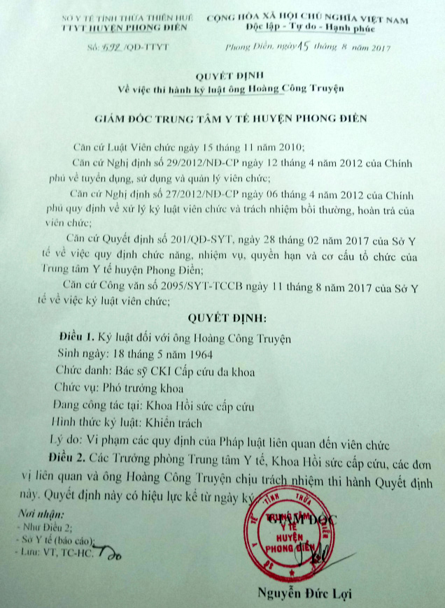Sở Y tế TT-Huế xin lỗi bác sĩ Hoàng Công Truyện Sở Y tế TT-Huế xin lỗi bác sĩ Hoàng Công Truyện