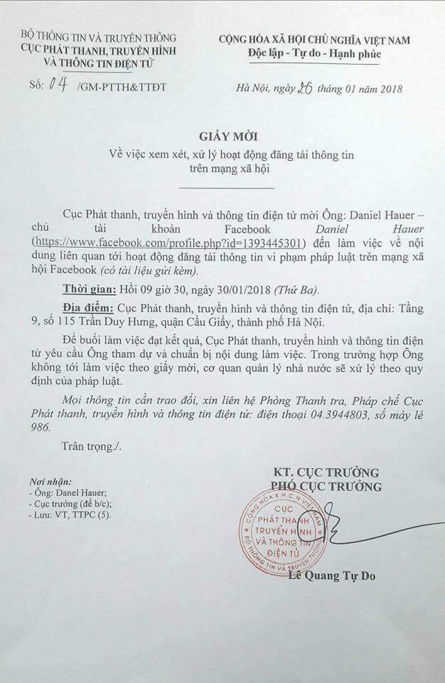 Vụ “thầy” tiếng Anh xúc phạm Đại tướng: Bộ Thông tin - Truyền thông mời Daniel Hauer lên làm việc Vụ “thầy” tiếng Anh xúc phạm Đại tướng: Bộ Thông tin - Truyền thông mời Daniel Hauer lên làm việc