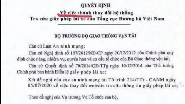 Giả mạo Quyết định thay đổi hệ thống tra cứu bằng lái của Bộ GTVT