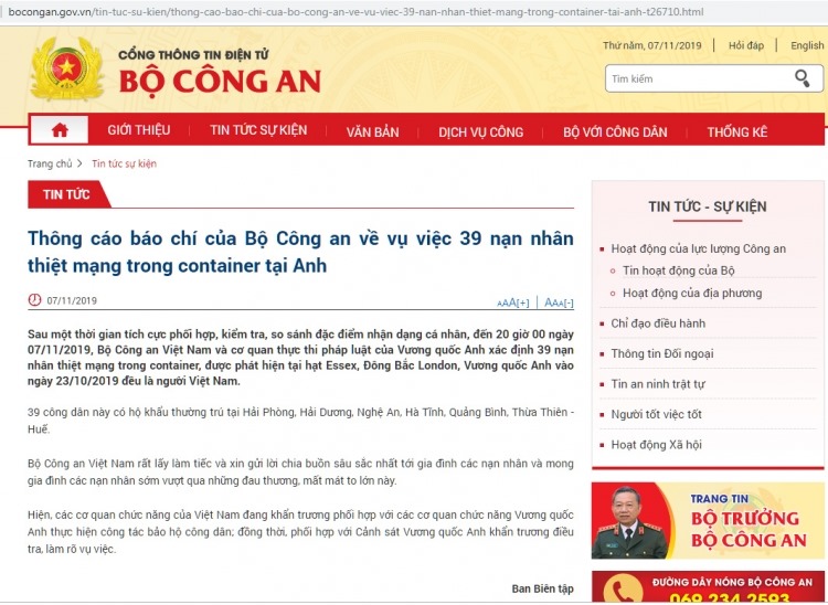 Thông cáo báo chí của Bộ Công an về vụ việc 39 nạn nhân thiệt mạng trong container tại Anh Thông cáo báo chí của Bộ Công an về vụ việc 39 nạn nhân thiệt mạng trong container tại Anh
