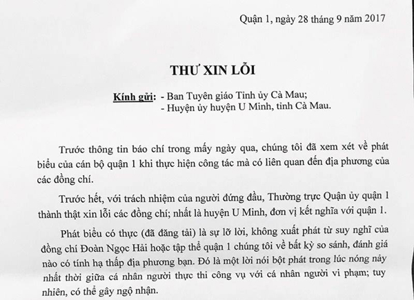 Quận 1 xin lỗi Cà Mau về phát ngôn của ông Đoàn Ngọc Hải Quận 1 xin lỗi Cà Mau về phát ngôn của ông Đoàn Ngọc Hải