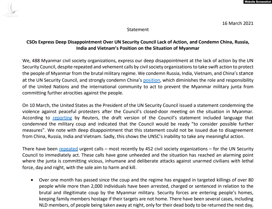 700 tổ chức Myanmar: Dân đổ máu không quan trọng bằng “lên án” Việt Nam 700 tổ chức Myanmar: Dân đổ máu không quan trọng bằng “lên án” Việt Nam