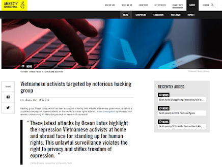 Thấy gì khi Ân xá Quốc tế đòi Việt Nam điều tra nhóm hacker đã tấn công VOICE? Thấy gì khi Ân xá Quốc tế đòi Việt Nam điều tra nhóm hacker đã tấn công VOICE?