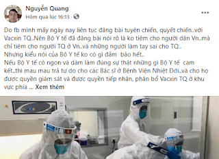Cần xử lý nghiêm Fbker Nguyễn Quang vì xuyên tạc công tác phòng chống dịch Covid-19 Cần xử lý nghiêm Fbker Nguyễn Quang vì xuyên tạc công tác phòng chống dịch Covid-19