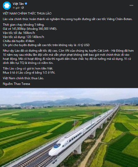 Việt Tân ca ngợi một đoạn đường sắt cao tốc do Trung Quốc xây!