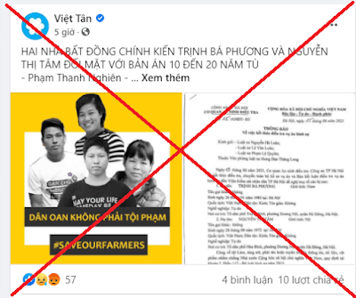 “Việt tân” lại hô hào ủng hộ cho Trịnh Bá Phương và Nguyễn Thị Tâm