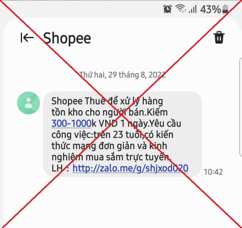 Giả mạo tin nhắn thương hiệu của Shopee nhắn tin tuyển dụng để lừa đảo