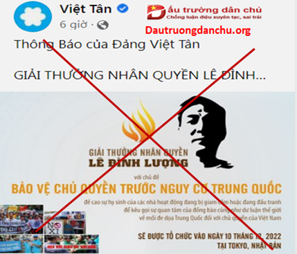 Việt Tân lại chiêu trò “Giải thưởng Lê Đình Lượng năm 2022”